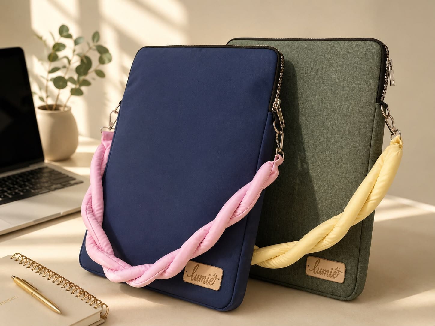 Navy and olive Lumié laptop sleeves with twisted pink and butter-yellow straps on a sunlit desk